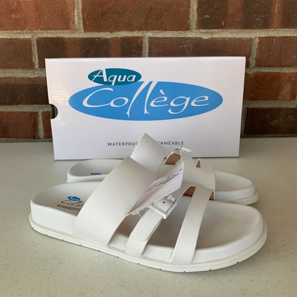 Aqua College Sloan White Leather Open Toe Strap Slide Sandal Women's US size 7M